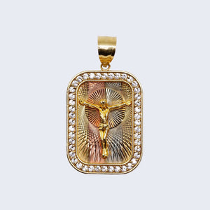 14K JESUS CHARM WITH Cubic Zirconia AND 3 TONE BACKGROUND 14K JESUS CHARM WITH Cubic Zirconia AND 3 TONE BACKGROUND