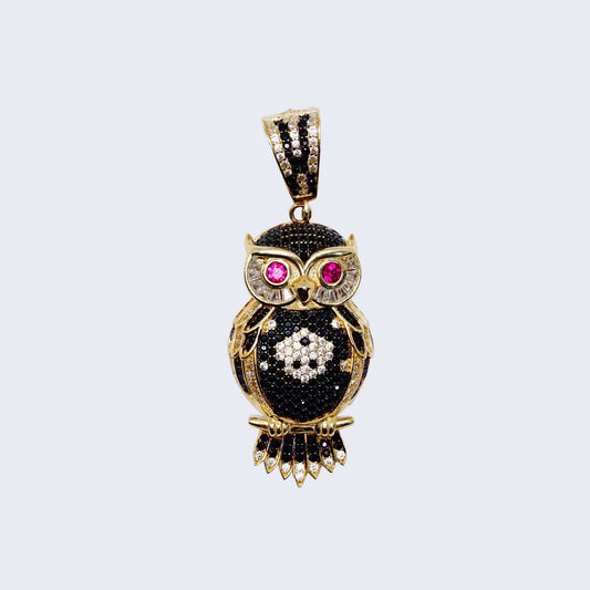 14K OWL CHARM WITH BLACK , & WHITE STONES AND RED EYES
