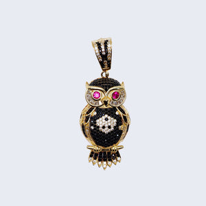 14K OWL CHARM WITH BLACK , & WHITE STONES AND RED EYES 14K OWL CHARM WITH BLACK , & WHITE STONES AND RED EYES
