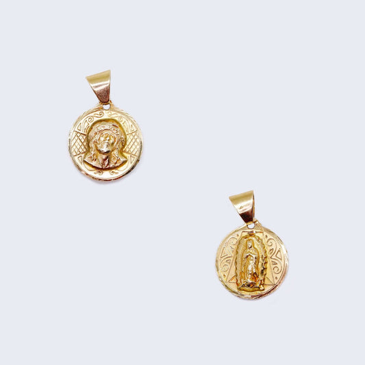 14K Gold Round Design Virgen de Guadalupe & Christ Face Pendant Charm