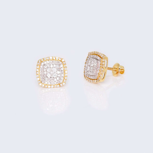 14K Yellow Gold Square Cushion Diamond Studs Earrings