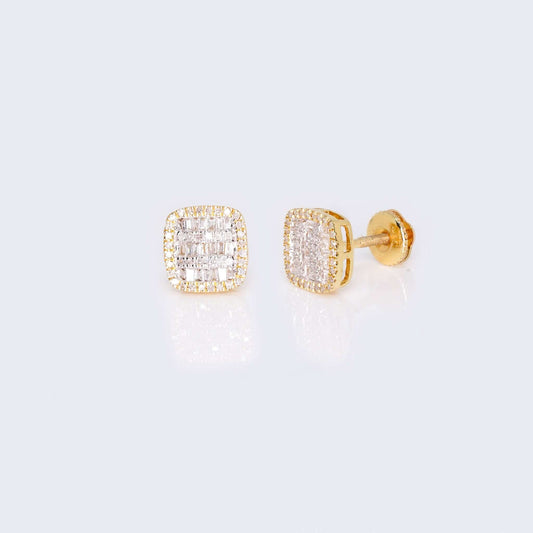 10K Yellow Gold Square Cushion Diamond Studs Earrings