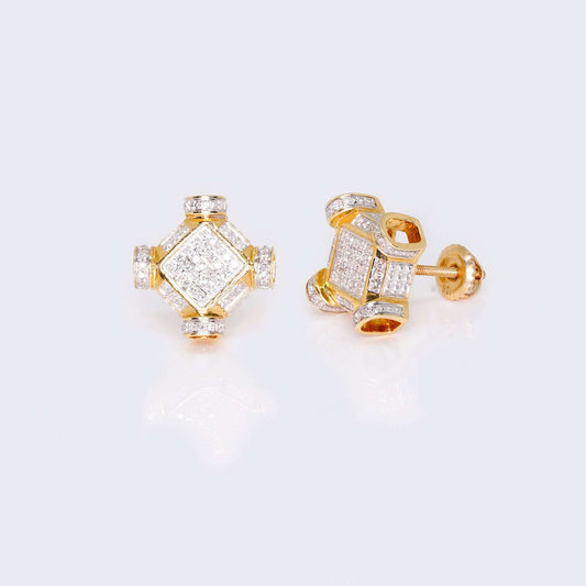 10K Yellow Gold Square Unique Design Cushion Diamond Studs Earrings