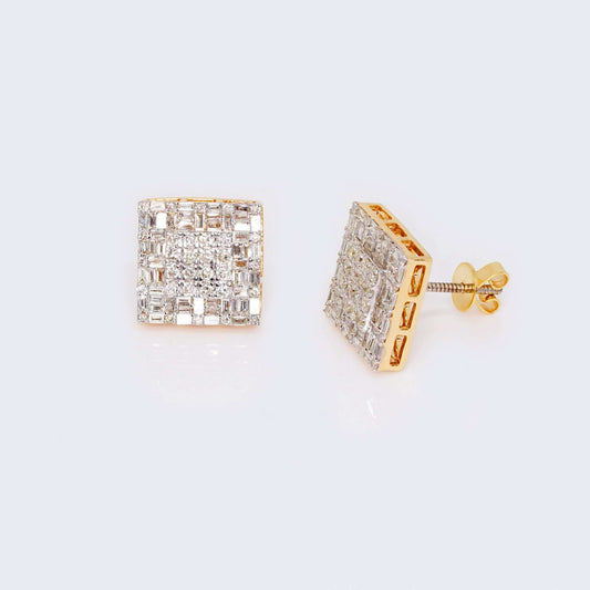 14K Yellow Gold Round Cushion Diamond Studs Earrings