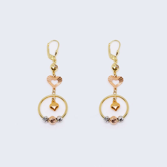 14K Three Color Gold Hearts, Circles Drop Dangle Earrings