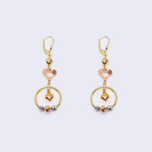 14K Three Color Gold Hearts, Circles Drop Dangle Earrings 14K Three Color Gold Hearts, Circles Drop Dangle Earrings