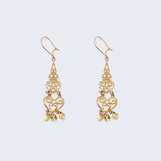 14K Yellow Gold Magnificent Heart Vintage Beaded Drop Dangle Earrings