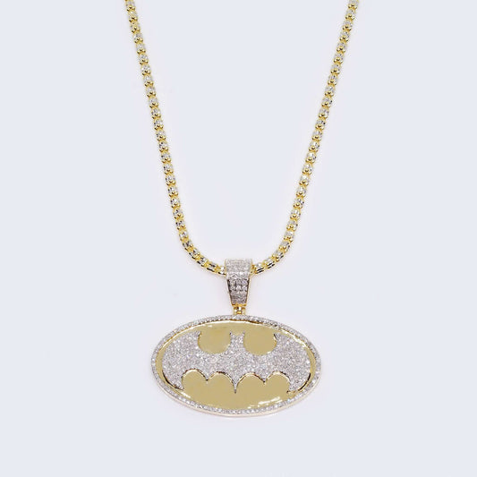14K Gold 1.5 CT Diamond Batman Design Charm Yellow Gold Chain Set Necklace