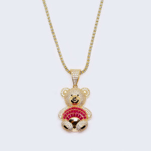 14K Yellow Gold 3D Teddy Bear with Red Fan Charm with Chain Set Necklace with Zirconia Stones 14K Yellow Gold 3D Teddy Bear with Red Fan Charm with Chain Set Necklace with Zirconia Stones