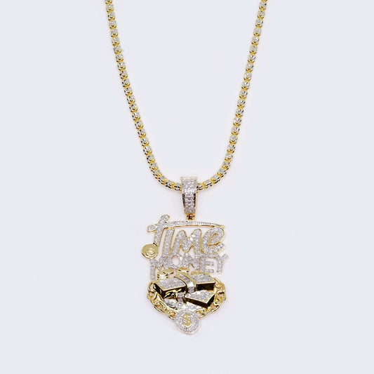 14K Gold 1.07 CT Diamond ”Time Money” Design Charm Yellow Gold Chain Set Necklace