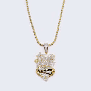 14K Gold 1.07 CT Diamond ”Time Money” Design Charm Yellow Gold Chain Set Necklace 14K Gold 1.07 CT Diamond ”Time Money” Design Charm Yellow Gold Chain Set Necklace