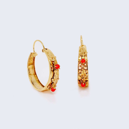 14K Yellow Gold Circle Hoop Earrings with Red Stones