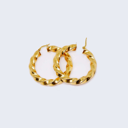 14K Yellow Gold Hollow Twist Hoop Earrings
