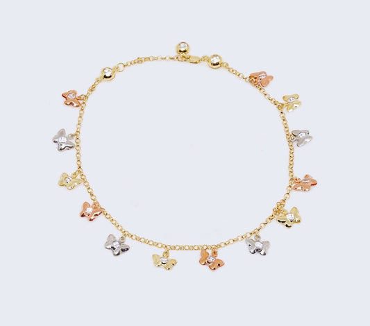 14K Three Toned Gold Butterfly Pendant Charm Ankle Bracelet