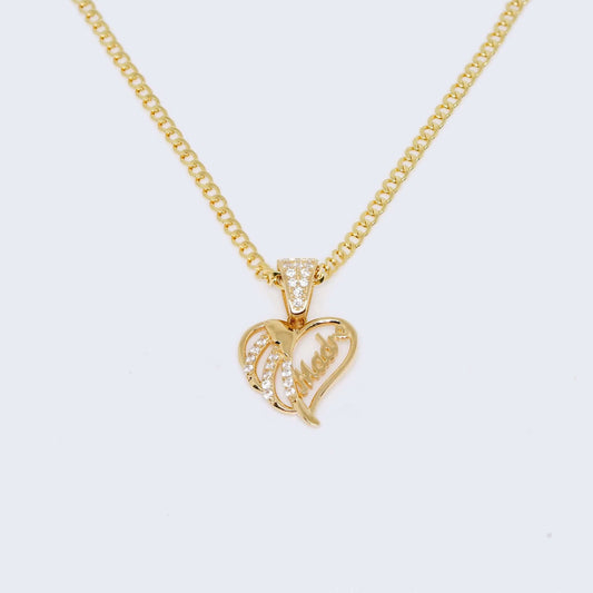 14K “Madre” Mom with Zirconia Stones Charm Pendant with Solid Cuban Chain