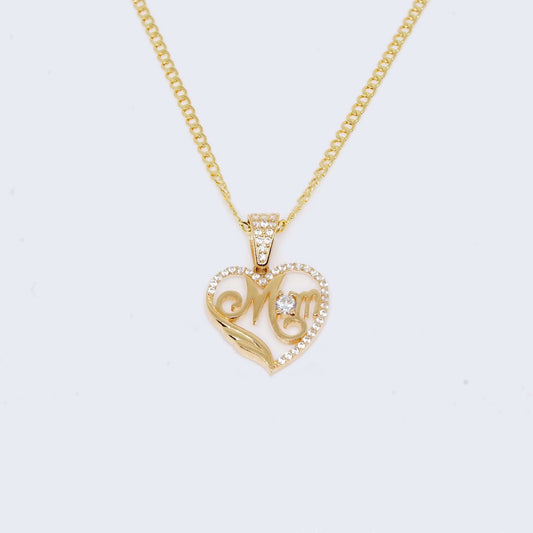 14K Mom with Zirconia Stones Charm Pendant with Solid Cuban Chain
