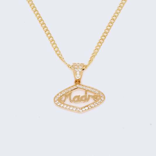 14K “Madre” Mom with Zirconia Stones Charm Pendant with Solid Cuban Chain