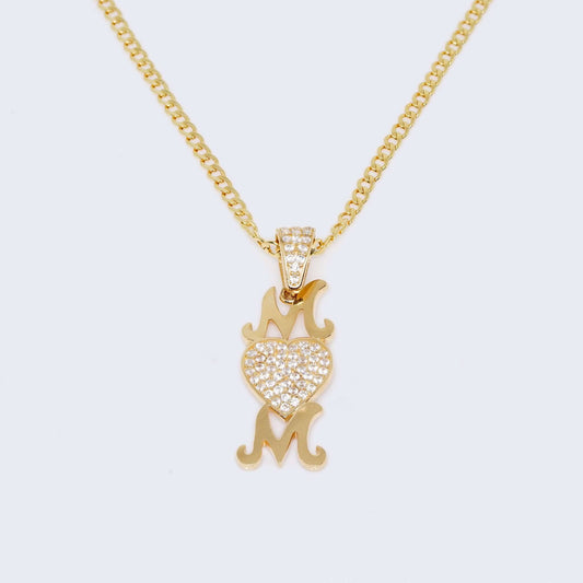 14K Mom with Zirconia Stones Charm Pendant with Solid Cuban Chain
