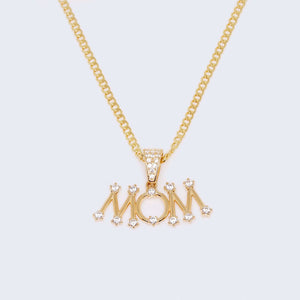 14K Mom with Zirconia Stones Charm Pendant with Solid Cuban Chain 14K Mom with Zirconia Stones Charm Pendant with Solid Cuban Chain