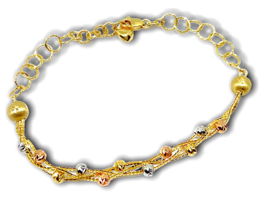 14K Three Toned Gold Beaded Diamond Cut Cable Link Bracelet