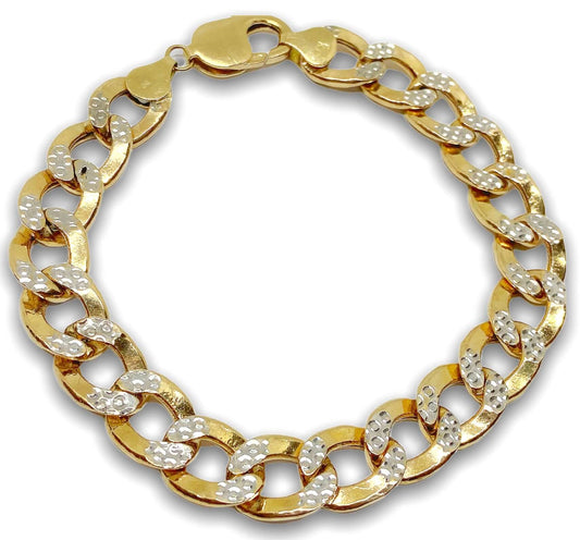 14K Two Tone Gold Semi Solid Pave Curb Cuban Bracelet 8 1/2¨ 10.7 mm