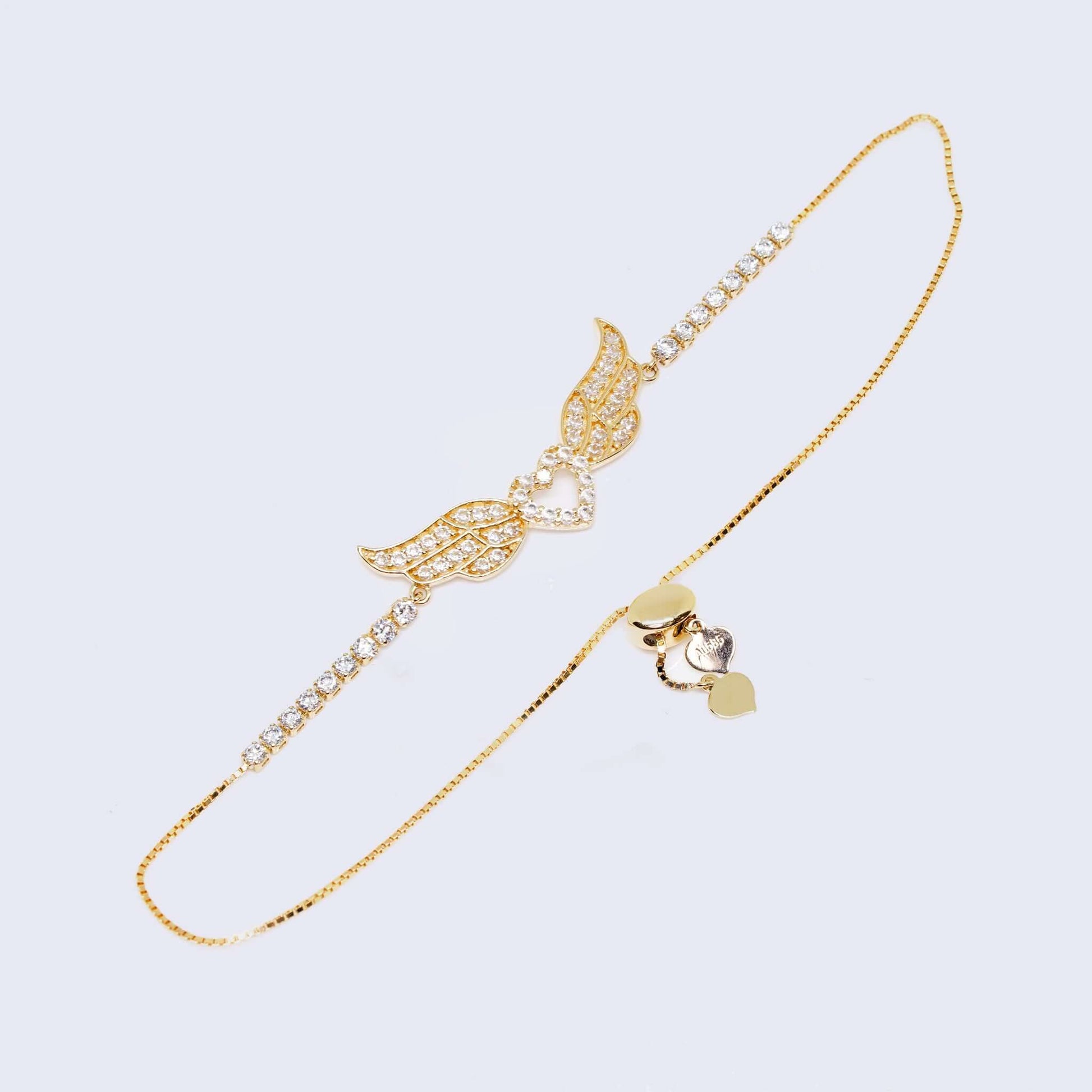 14K Gold Heart with wings Adjustable Zirconia Stone Bracelet