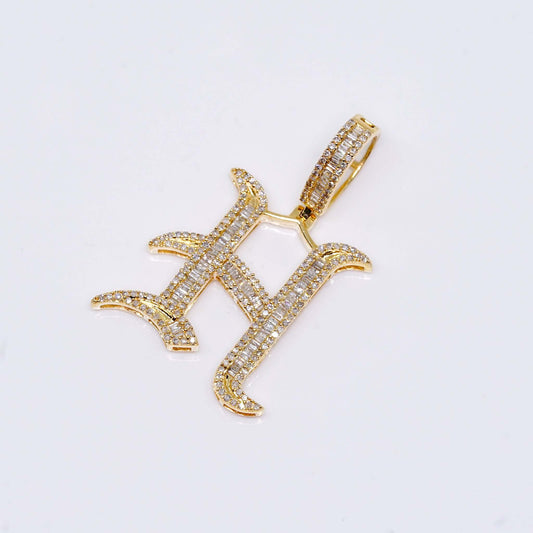 14K Gold Iced Out Initial Alphabet Filled Letter “H” Bubble Pendant Charm
