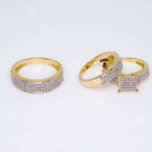 14K Yellow Gold Trio Square Design Set Engagement Rings with Diamond Stones