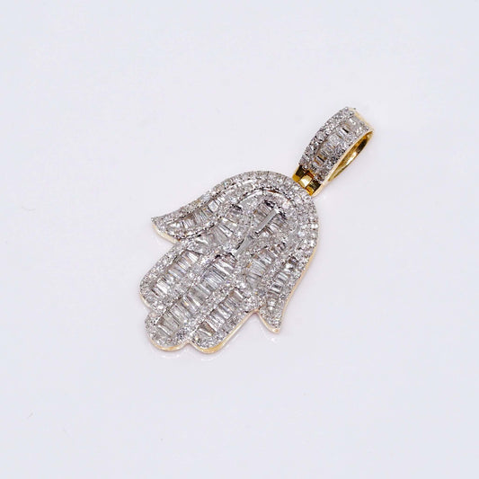 14K Gold Hamsa Hand Pendant Charm with 0.90 CT Diamond Stones