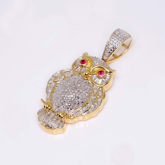 14K Gold Owl Pendant Charm with 0.35 CT Diamond Stones