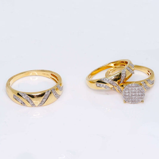 14K Yellow Gold Trio Set Engagement Rings with Diamond Stones