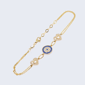 Two Heart With Evil Eye Decor Bracelet 14k Two Heart With Evil Eye Decor Bracelet 14k