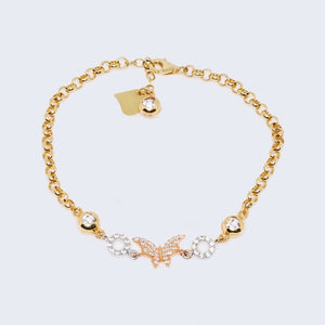 14K Gold Three Tone Rolo Link “Circle, Butterfly and Circle” Pendant Charm Bracelet 14K Gold Three Tone Rolo Link “Circle, Butterfly and Circle” Pendant Charm Bracelet