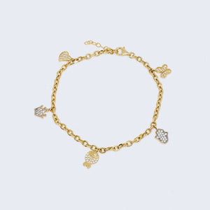 14K Gold Heart, Crown, Fish, Hamsa Hand & Butterfly Charm Pendant Bracelet 14K Gold Heart, Crown, Fish, Hamsa Hand & Butterfly Charm Pendant Bracelet