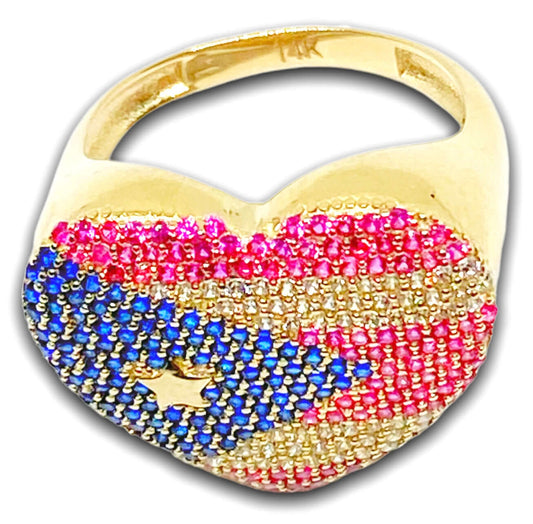 14K Yellow Gold Puerto Rico Flag Heart Ring with Cubic Zirconia