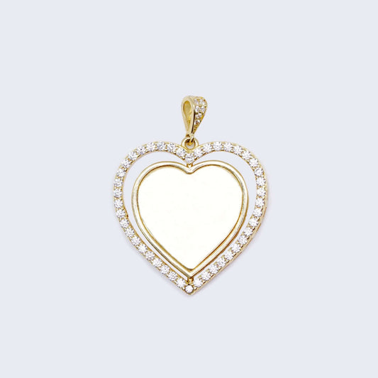 14K Gold Double Heart with Cubic Zirconia Stones Picture Charm LARGE