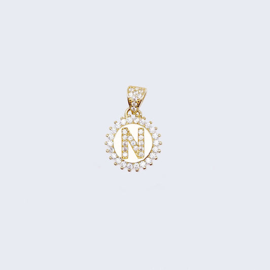 14K Gold Sun Round Design Initial Alphabet Letter “N” Cubic Zirconia Stone Pendant Charm