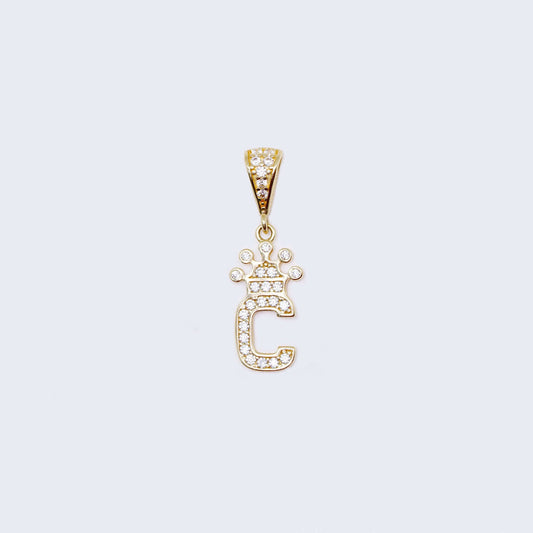 14K Gold Crowned Initial Alphabet Letter “C” Cubic Zirconia Stone Pendant Charm