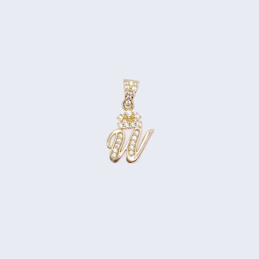 14K Gold Crowned Initial Alphabet Letter “W” Cubic Zirconia Stone Pendant Charm