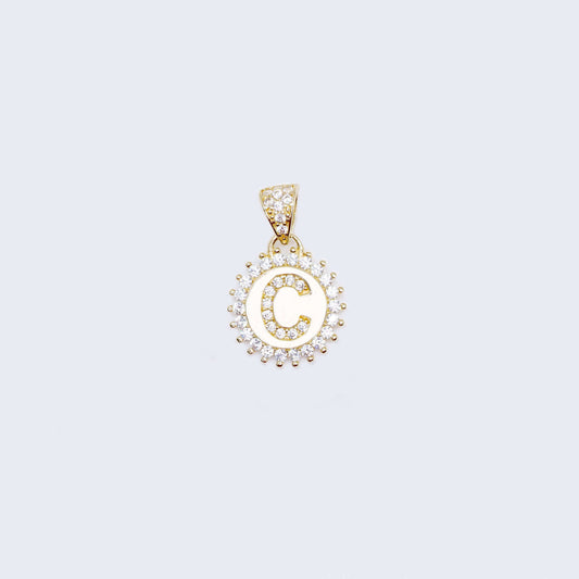 14K Gold Sun Round Design Initial Alphabet Letter “C” Cubic Zirconia Stone Pendant Charm