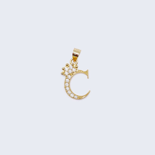 14K Gold Crowned Initial Alphabet Letter “C” Cubic Zirconia Stone Pendant Charm