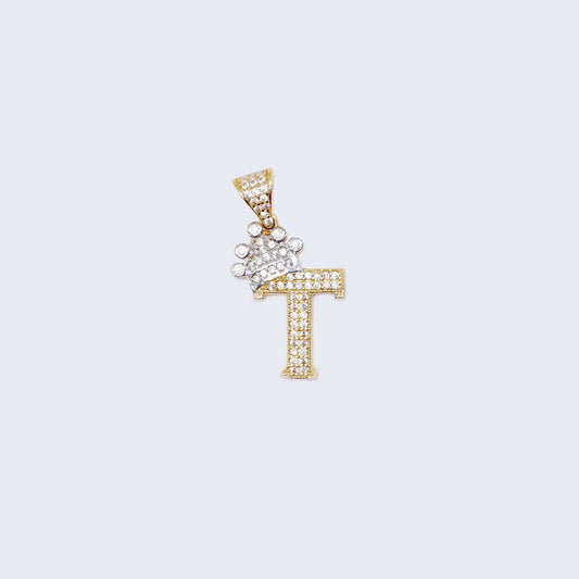 14K Gold Crowned Initial Alphabet Letter “T” Cubic Zirconia Stone Pendant Charm