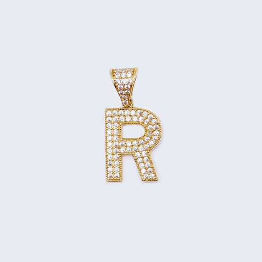 14K Gold Initial Alphabet Letter “R” Cubic Zirconia Stone Pendant Charm