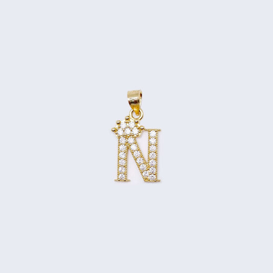 14K Gold Crowned Initial Alphabet Letter “N” Cubic Zirconia Stone Pendant Charm