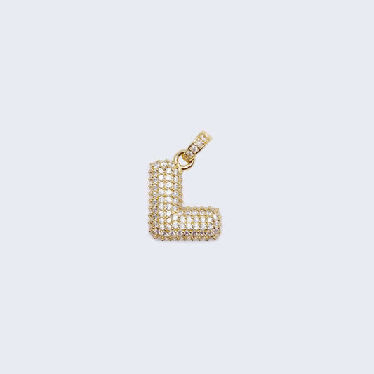 14K Gold Iced Out Initial Alphabet Filled Letter “L” Bubble Pendant Charm