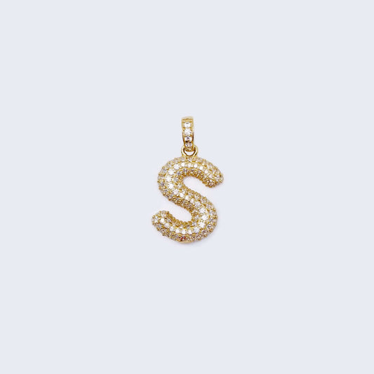 14K Gold Iced Out Initial Alphabet Filled Letter “S” Bubble Pendant Charm