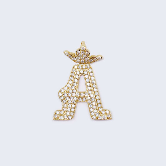 14K Gold Crowned Initial Alphabet Letter “A” Cubic Zirconia Stone Pendant Charm