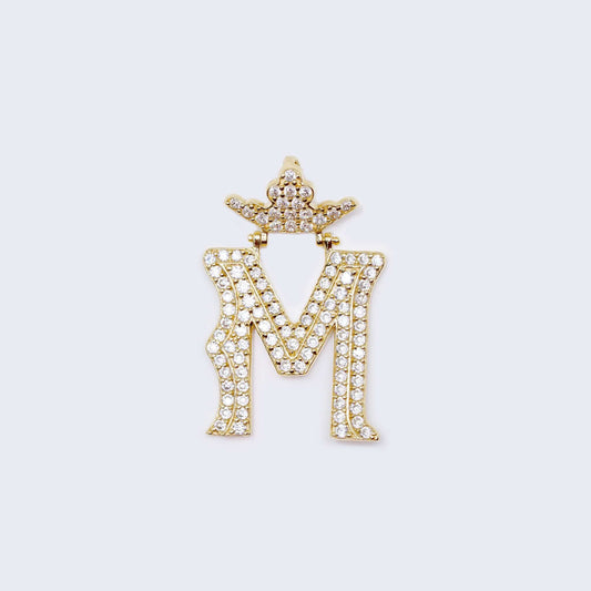 14K Gold Crowned Initial Alphabet Letter “M" Cubic Zirconia Stone Pendant Charm