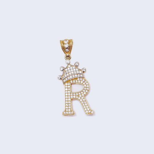 14K Gold Crowned Initial Alphabet Letter “R” Cubic Zirconia Stone Pendant Charm