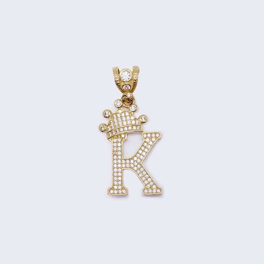 14K Gold Crowned Initial Alphabet Letter “K" Cubic Zirconia Stone Pendant Charm